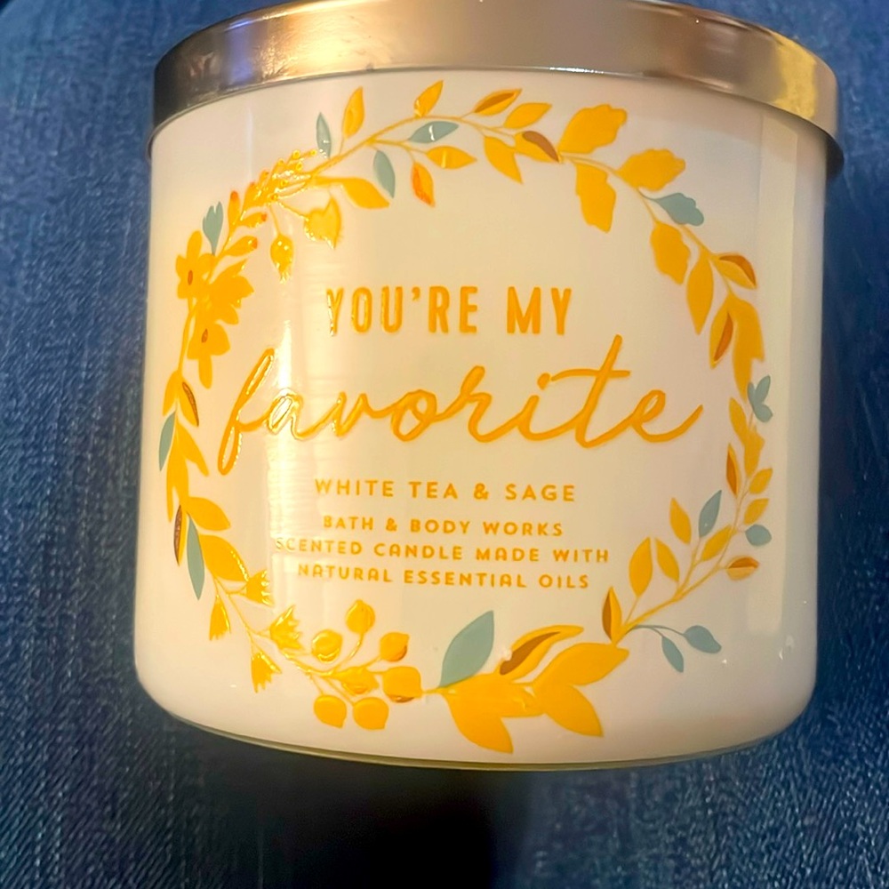 BBW New white tea and Sage 3 wick Candle “ You’re my Favorite”